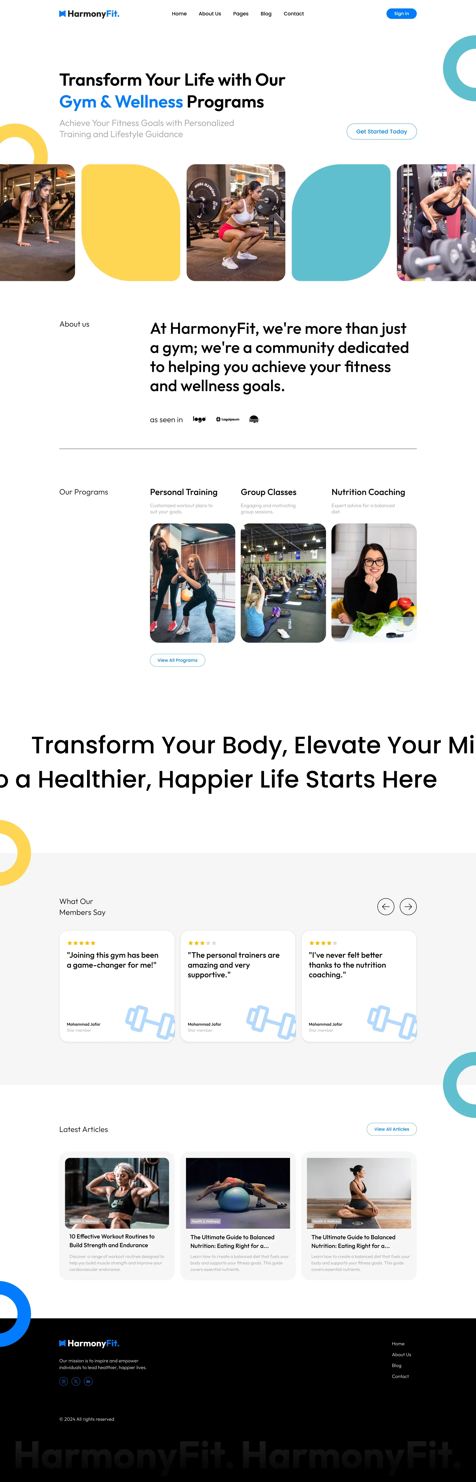 HarmonyFit homepage featuring fitness programmes, the gym story, training photography and article cards.